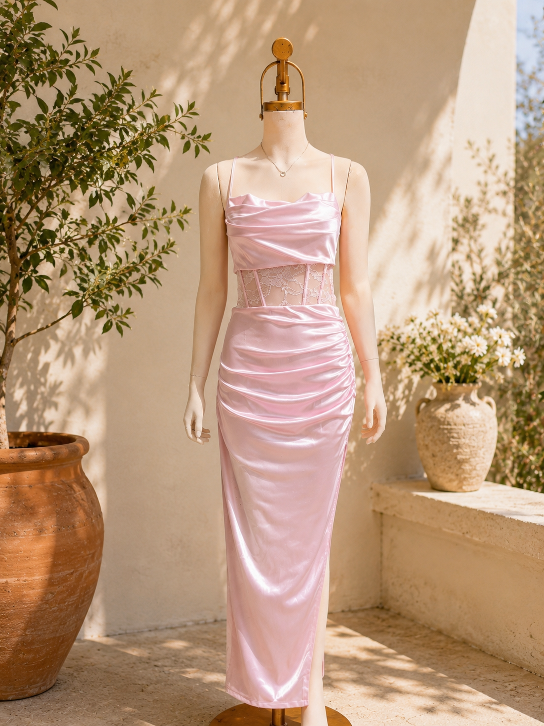 Vestido rosa corset encaje